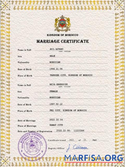 Realistic Morocco marriage certificate PSD template